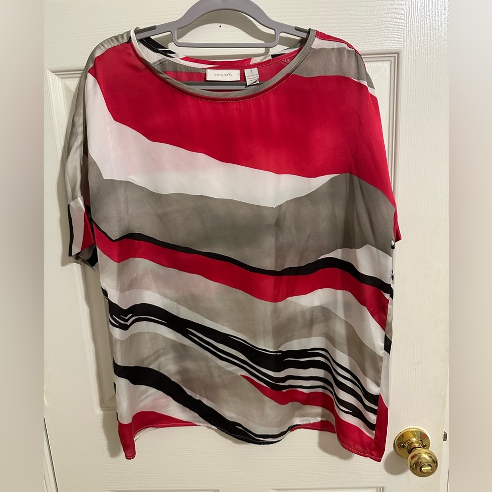 Chicos Patterned Gameday Blouse in Red, Gray, and Black